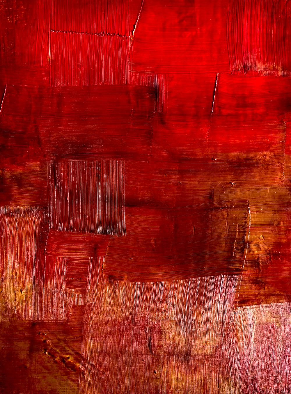 Grande toile abstraite rouge cadmium, couches de peinture brossées en larges gestes